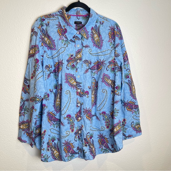 Talbots Casual Top Women Plus 2X Blue Swirly Paisley Button Up Shirt 100% Cotton - Picture 3 of 7